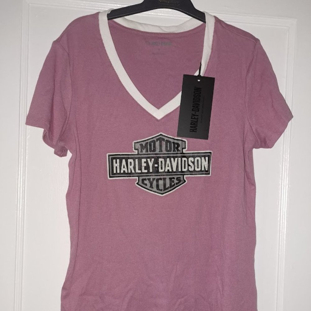 Harley Davidson Rib Knit Purple V-Neck Logo Short Sleeve Tee shirt top Size M